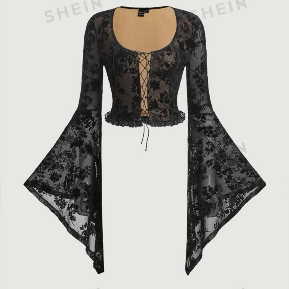 Floral print lace up bell sleeve crop top